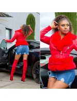 Dámská sexy kožená bunda s kožešinou Červená model 21041666 - In-style Fashion Dámská sexy kožená bunda s kožešinou Červená model 21041666 - In-style Fashion