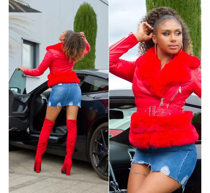 Dámská sexy kožená bunda s kožešinou Červená model 21041666 - In-style Fashion Dámská sexy kožená bunda s kožešinou Červená model 21041666 - In-style Fashion