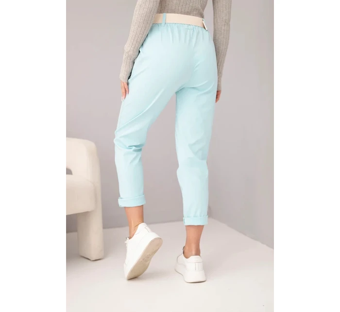 Dámske bavlnené nohavice s opaskom a ohrnutou nohavicou mätou