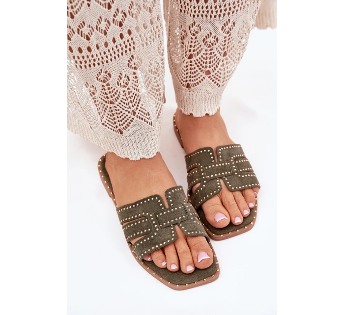 Zdobione Klapki Na Płaskim Obcasie Zielone Anniles