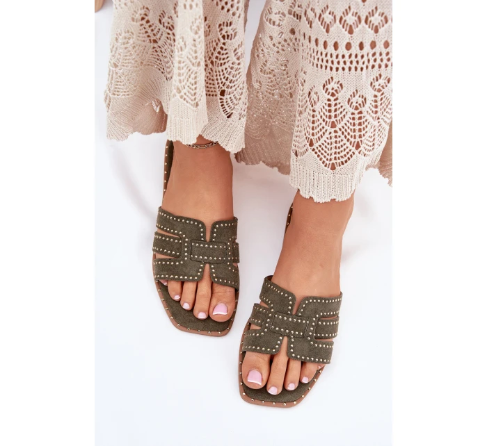 Zdobione Klapki Na Płaskim Obcasie Zielone Anniles