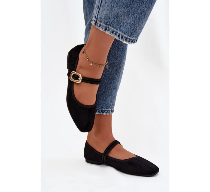 Baleríny s páskem a zlatým sponou Eko semišové Černé Adelora