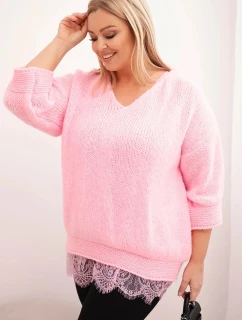 Dámsky sveter s výstrihom do V a viskózová blúzka s čipkovaným lemom candy pink