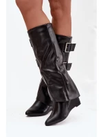 Dámské kozačky na platformě s ohnutým horním lemem a stříbrnými přezkami Černé Sarisse