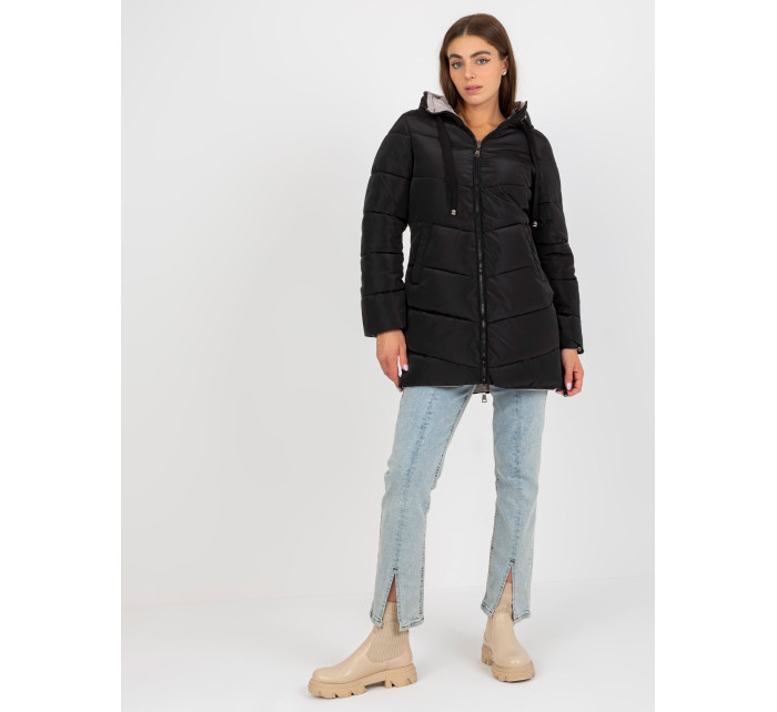 Čierno-béžová obojstranná zimná bunda s kapucňou