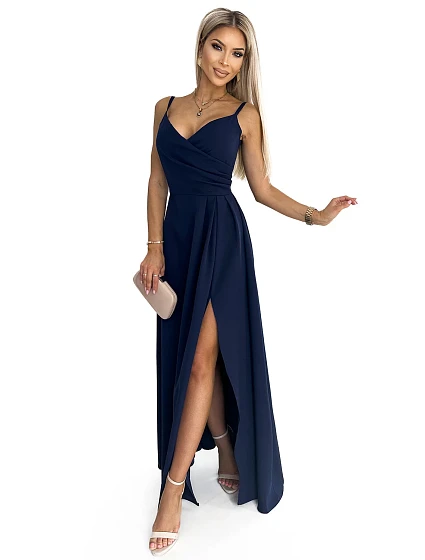 CHIARA Tmavě modré elegantní dámské maxi šaty na ramínkách model 18355310 - numoco