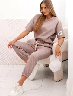 Dámsky viskózový set s krátkym rukávom a nohavicami béžový melír