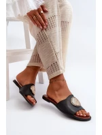 Zazoo 2938 Skórzane Klapki Na Płaskim Obcasie Z Ozdobą Czarne Zazoo 2938 Skórzane Klapki Na Płaskim Obcasie Z Ozdobą Czarne