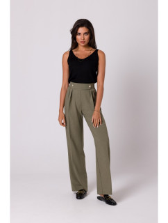 B252 Široké kalhoty s ozdobnými knoflíky - olivové