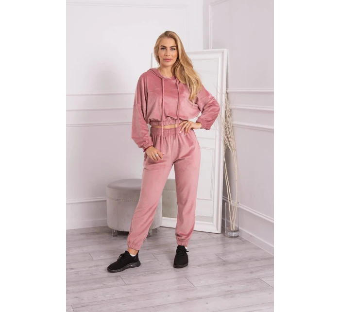 Velurová souprava s kapucí tmavě pudrově růžová