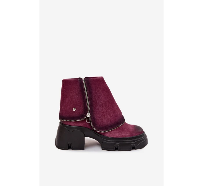 Skórzane Botki Damskie Z Wywiniętą Cholewką Maciejka 07145-23 Bordowe