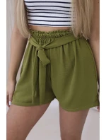 Viskózové šortky viazané v páse olivové