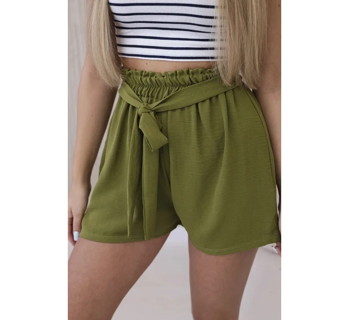 Viskózové šortky viazané v páse olivové