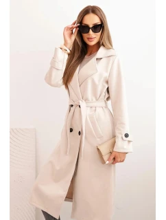 Dámsky semišový kabát do pása s golierom a gombíkmi svetlo béžový