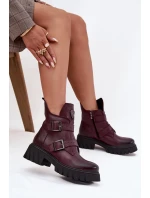 Skórzane Ocieplane Botki Damskie Z Klamrami I Ozdobnym Detalem Zazoo 60482 Bordowe