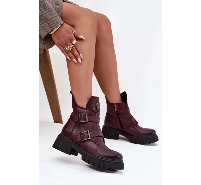 Skórzane Ocieplane Botki Damskie Z Klamrami I Ozdobnym Detalem Zazoo 60482 Bordowe