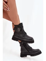 Skórzane Botki Workery Damskie Ocieplane Z Ozdobną Klamrą D&A MK52-032 Czarne Skórzane Botki Workery Damskie Ocieplane Z Ozdobną Klamrą D&A MK52-032 Czarne