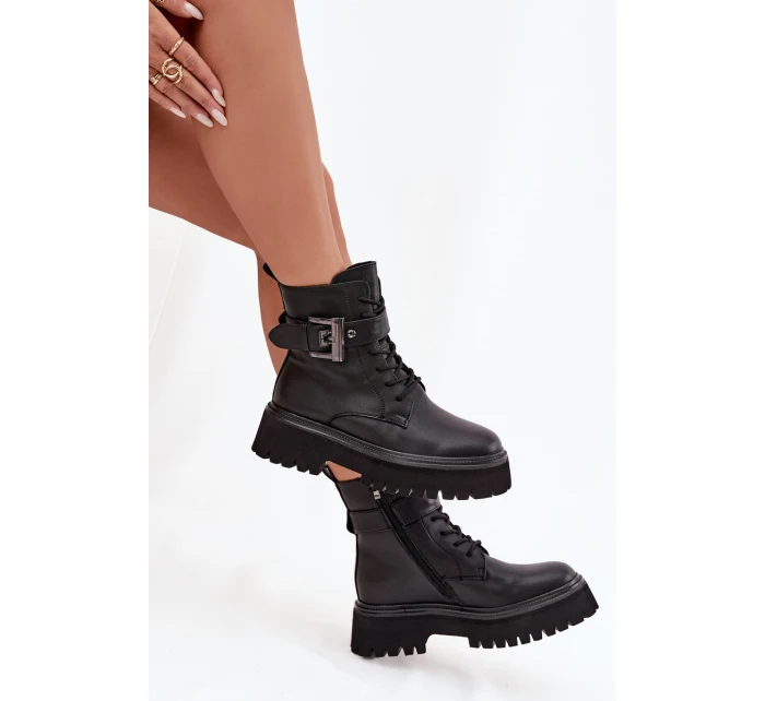 Skórzane Botki Workery Damskie Ocieplane Z Ozdobną Klamrą D&A MK52-032 Czarne Skórzane Botki Workery Damskie Ocieplane Z Ozdobną Klamrą D&A MK52-032 Czarne