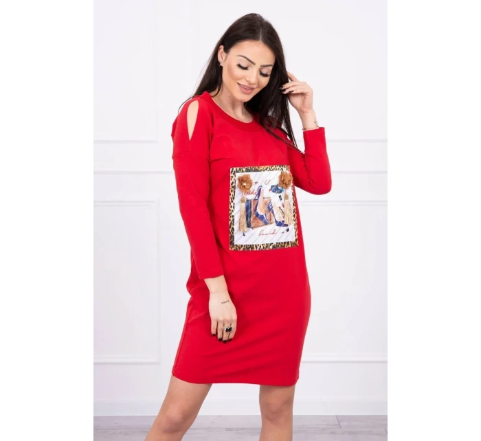 Šaty s 3D grafikou a ozdobnými volánikmi červené