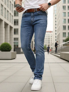 Pánske úzke džínsové nohavice s opaskom modré FashionStreet UX4490