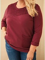 Dámská bavlněná mikina Plus Size s krajkovým vsadkou a kapsou bordó