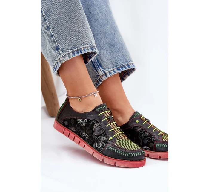 Skórzane Półbuty Damskie Wzorzyste Maciejka 06784-20 Czarne
