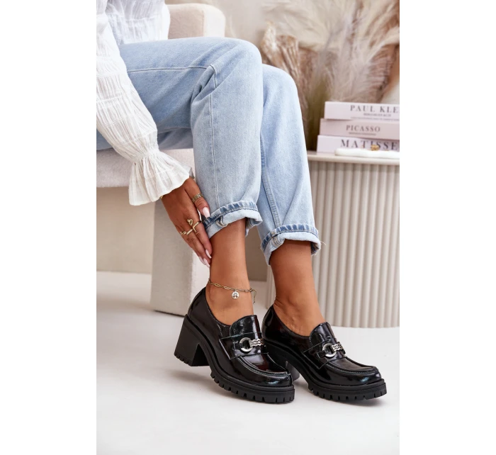 Zazoo 20175 Lakierowane Półbuty Damskie Na Słupku Skóra Naturalna Czarne