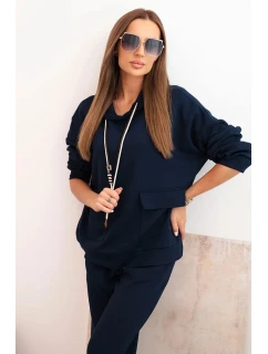 Dámska súprava maslová mikina s kapucňou a nohavice s opaskom modrá