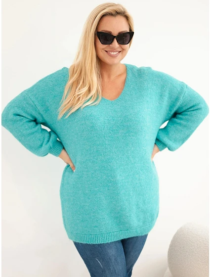 Dámský svetr Plus Size s vlnou a výstřihem do V mátový