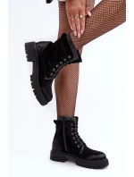 Zdobione Botki Workery Damskie Na Suwak Czarne Santelia Zdobione Botki Workery Damskie Na Suwak Czarne Santelia