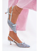 Dámské krajkové sandály na podpatku s mašlí Modré model 22107296 - Boto Dámské krajkové sandály na podpatku s mašlí Modré model 22107296 - Boto