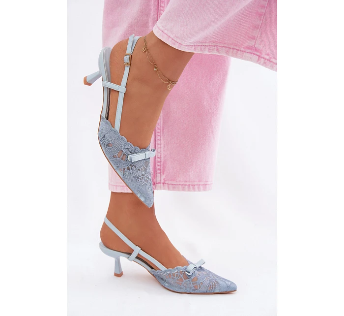 Dámské krajkové sandály na podpatku s mašlí Modré model 22107296 - Boto Dámské krajkové sandály na podpatku s mašlí Modré model 22107296 - Boto