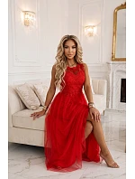 672-5 Romantické svatební maxi šaty s vyšívanou krajkou a tylem - červené