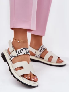 Skórzane Sandały Damskie Na Płaskim Obcasie Panterka Vinceza 66780 Beżowe