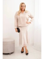 Dámský komplet Plus Size se model 21486200 leskem a krajkou béžový - K-Fashion