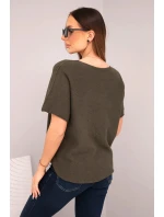 Dámsky sveter s krátkym rukávom a výstrihom do V v khaki farbe