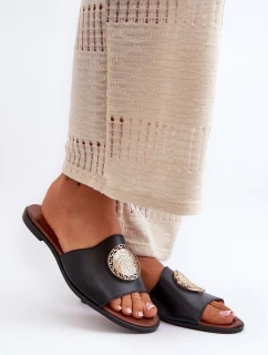 Zazoo 2938 Skórzane Klapki Na Płaskim Obcasie Z Ozdobą Czarne