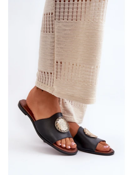 Zazoo 2938 Skórzane Klapki Na Płaskim Obcasie Z Ozdobą Czarne Zazoo 2938 Skórzane Klapki Na Płaskim Obcasie Z Ozdobą Czarne