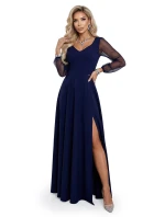 LORETTA dlouhé šaty s rukávy a výstřihem tmavě modré model 21941595 - numoco