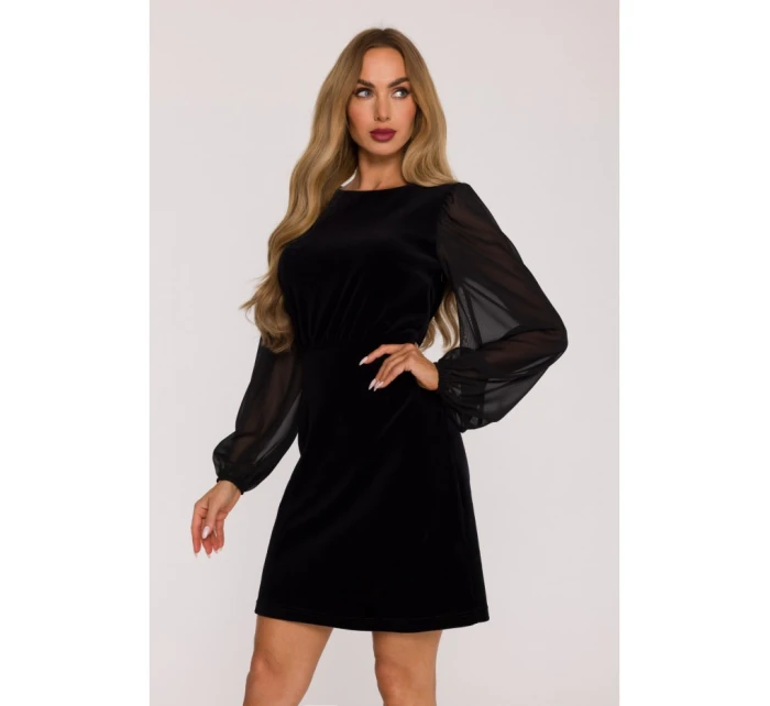 M886 Zamatové šaty so šifónovými rukávmi - čierne