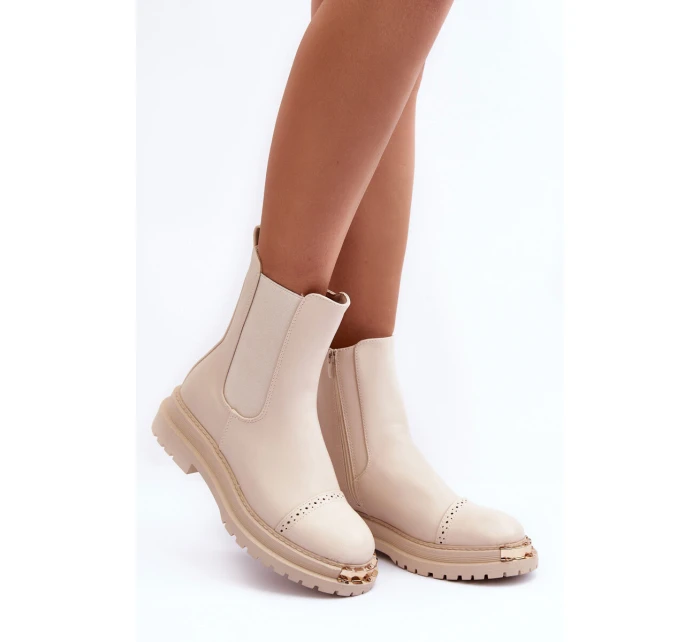 Dámské kožené boty s krátkou patou model 21633786 Bežové - Boto Dámské kožené boty s krátkou patou model 21633786 Bežové - Boto
