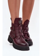 Skórzane Ocieplane Botki Damskie Z Klamrami I Ozdobnym Detalem Zazoo 60482 Bordowe
