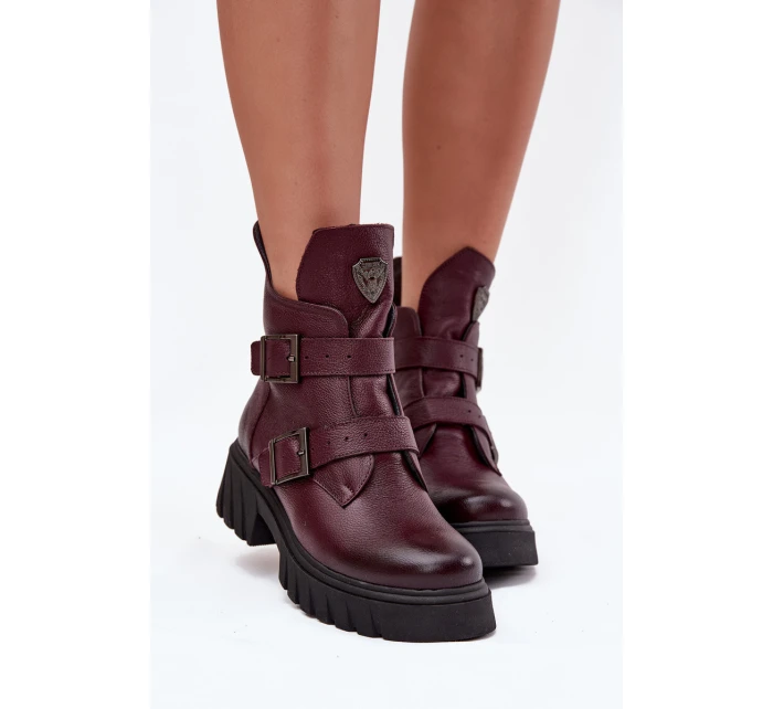 Skórzane Ocieplane Botki Damskie Z Klamrami I Ozdobnym Detalem Zazoo 60482 Bordowe