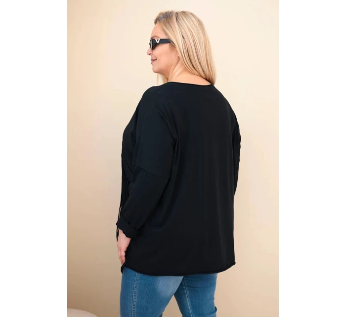 Dámske Plus veľkosť bavlnená blúzka s strapcami čierna