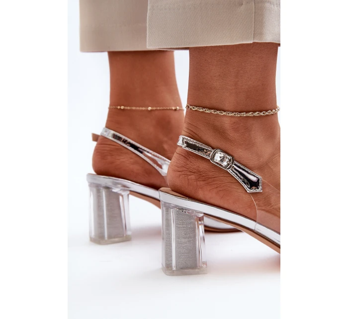 Průhledné sandály na podpatku s ozdobou stříbrné D&A model 21655900 - S.Barski Průhledné sandály na podpatku s ozdobou stříbrné D&A model 21655900 - S.Barski