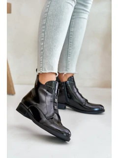 Lakierowane Botki Na Zamek Ocieplane Płaski Obcas S.Barski HY42-717 Czarne