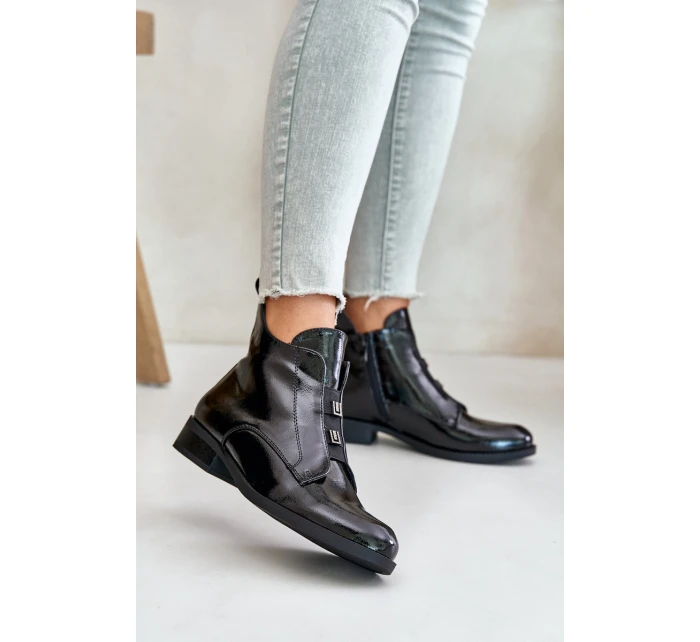 Lakierowane Botki Na Zamek Ocieplane Płaski Obcas S.Barski HY42-717 Czarne