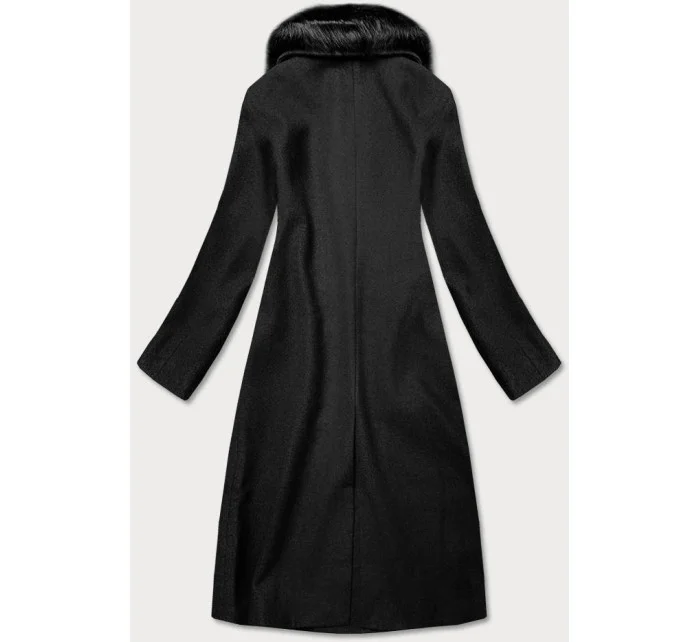 Dlhý čierny kabát s kožušinovým golierom (20201202)