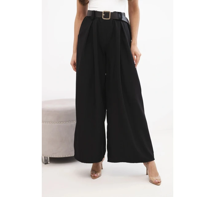 Dámske široké nohavice s opaskom čierne