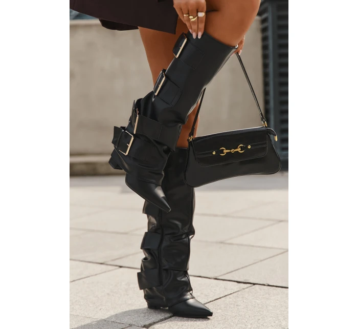 Kozaki Damskie Na Słupku Z Wywiniętą Cholewką I Złotymi Klamrami Czarne Isavelle Kozaki Damskie Na Słupku Z Wywiniętą Cholewką I Złotymi Klamrami Czarne Isavelle